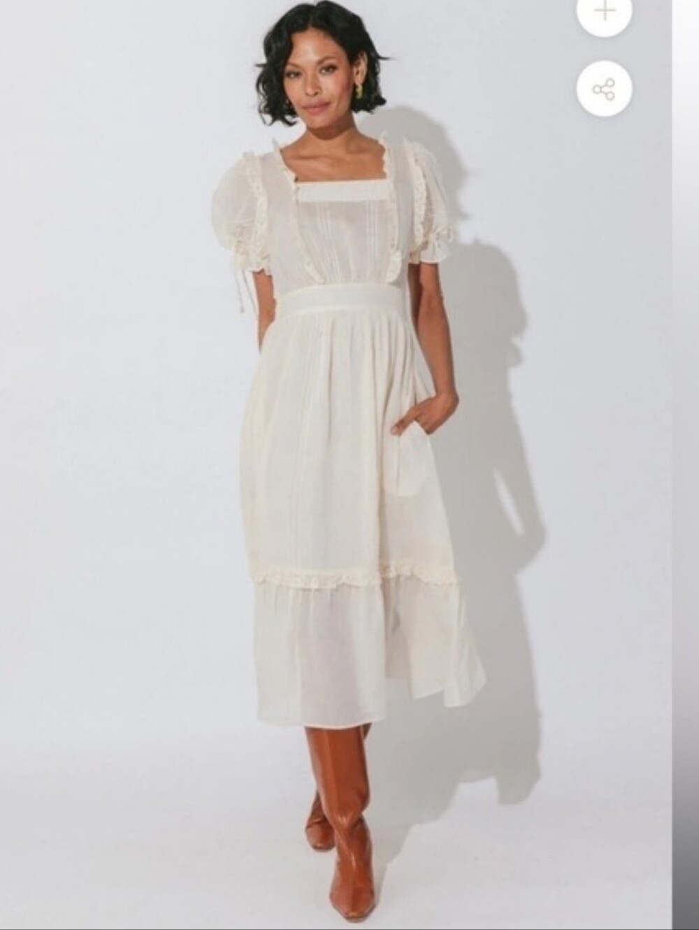 CLEOBELLA SYLVIA Cream Lace Ruffles Smocked Waist Midi Maxi Dress Sz Large